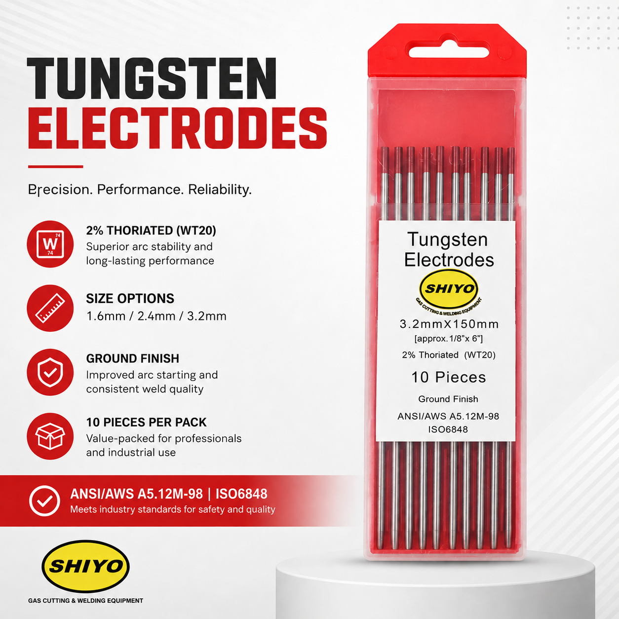 SHIYO Premium TIG Tungsten Electrodes — 2% Thoriated (WT20 Red Tip) | 1.6/2.4/3.2mm